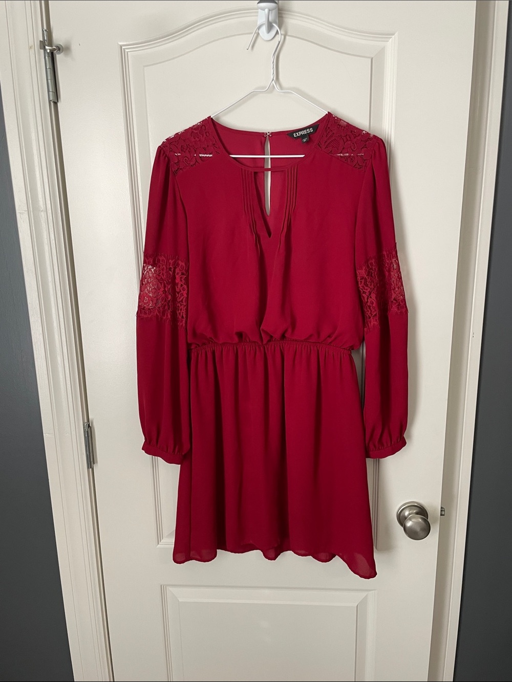 Express Crimson Lace-Detail Long Sleeve Mini Dress